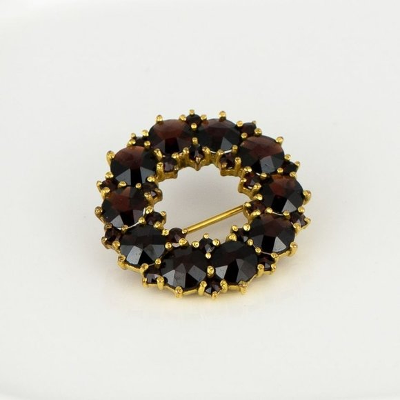 Vintage Genuine Garnet Brooch Gold Tone Circle Tested Dark Round Faceted Germany - Picture 8 of 8